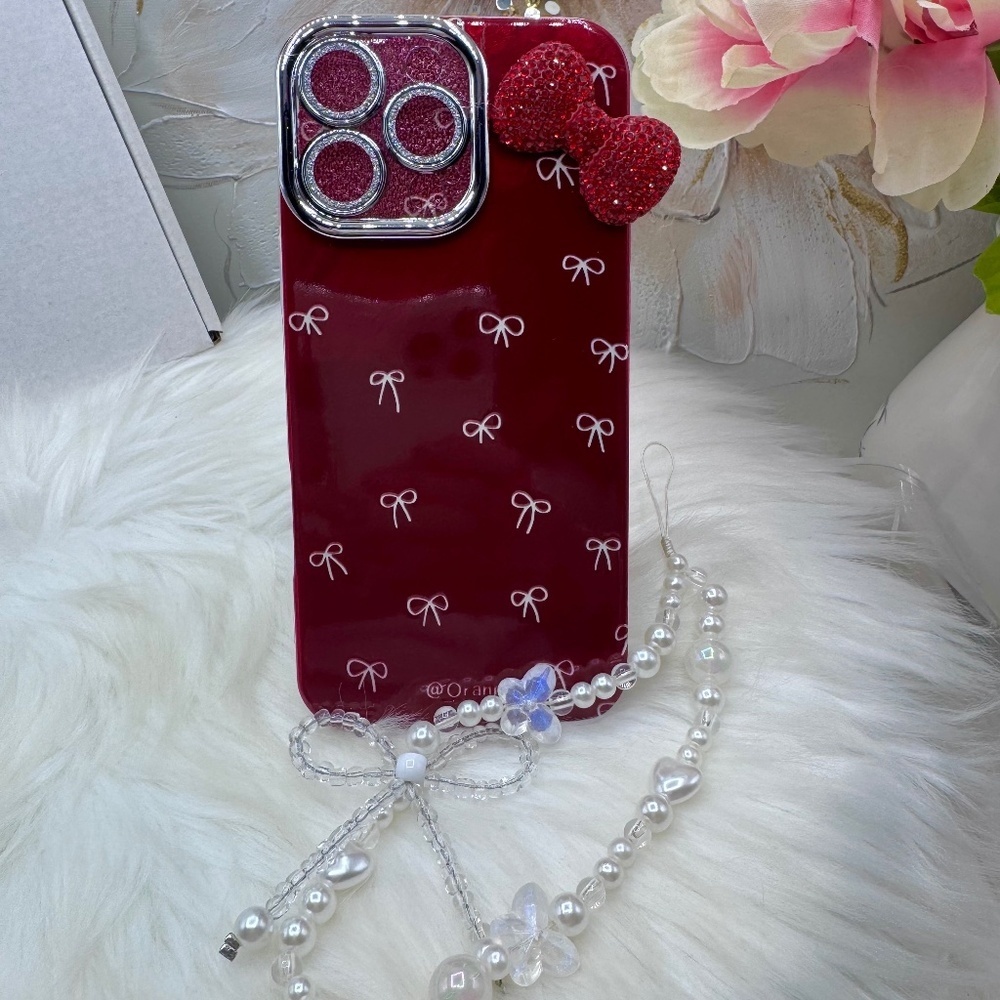 Chic iPhone 16 Pro Max  Bow Theme Wine Case w/ bows design & matching bead charm